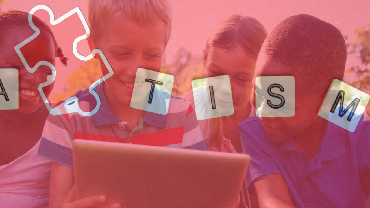 Animation of colourful puzzle pieces and autism text over children using tablet