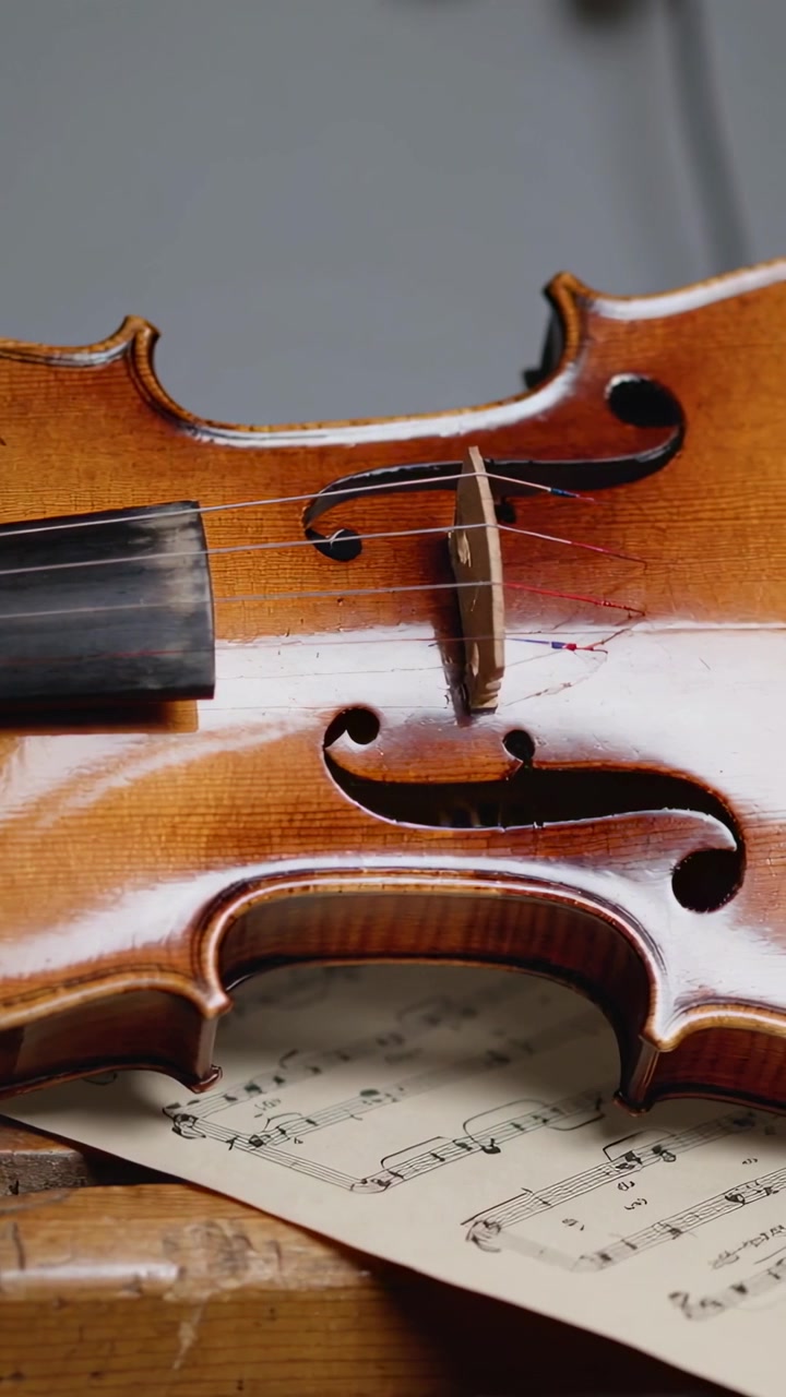 Vertical video: Shifting light causing camera capturing violin on bench with sheet music for repair