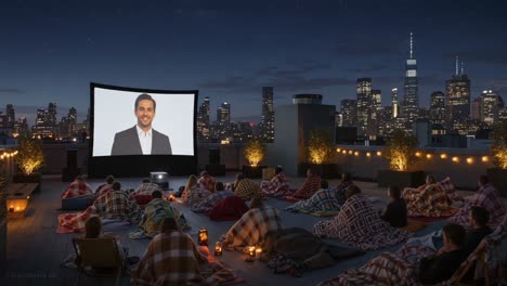 a cozy rooftop movie night under the stars: guests enjoy a film in blankets against a backdrop of a city skyline