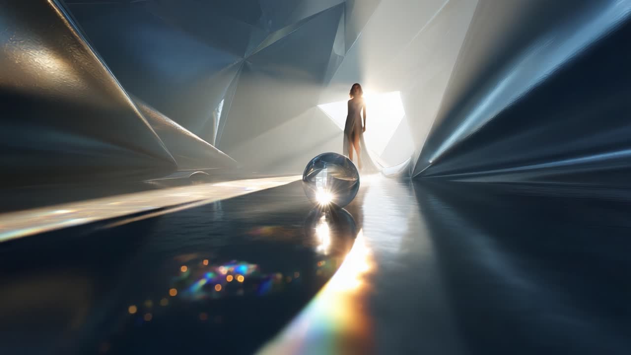 A Glimmering Crystal Sphere Amidst Ethereal Reflections and Soft Illuminations, Showcasing an Enigmatic Figure Silhouetted Against a Dreamlike Background of Shimmering Light and Contemplative Geometry