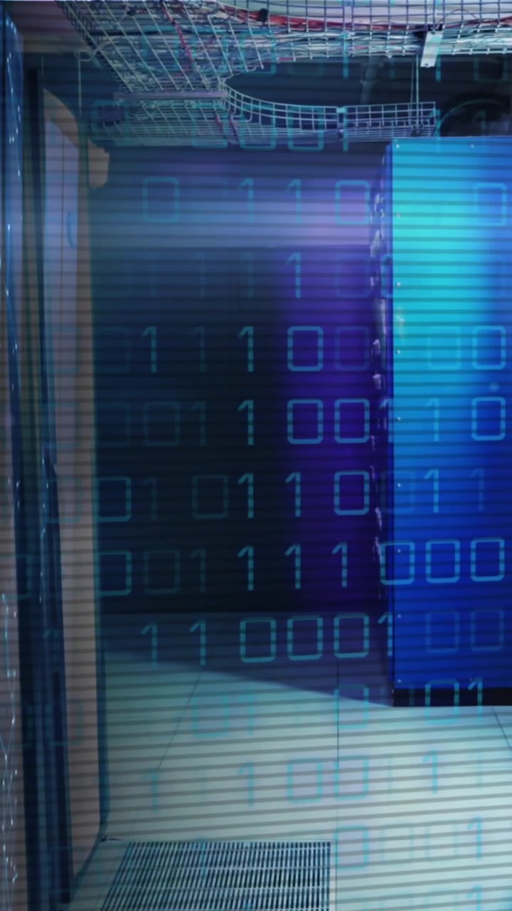 Animation of data processing and globe over server room