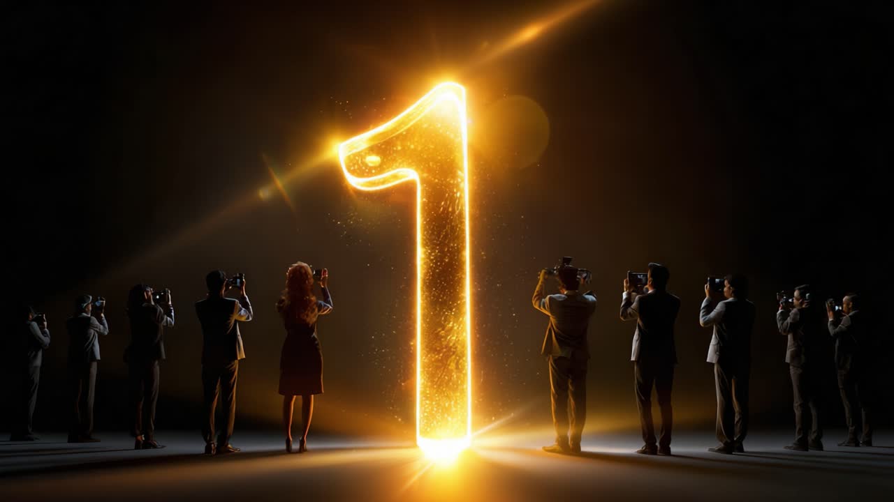 A Stunning Visual Display Featuring a Glowing Number One Surrounded by a Dynamic Group of Photographers Capturing the Moment in a Darkened Setting