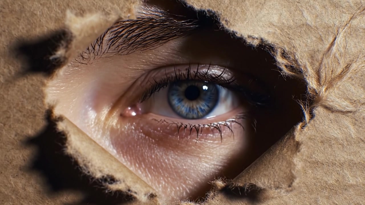 A Close-Up Look at an Intense Blue Eye Peering Through a Torn Cardboard, Capturing the Intrigue and Depth of Human Emotion and Curiosity in Unusual Surroundings