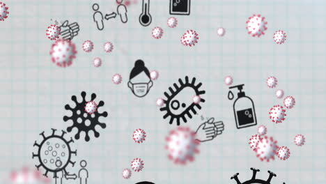 células covid 19 y iconos de concepto de coronavirus contra papel alineado cuadrado