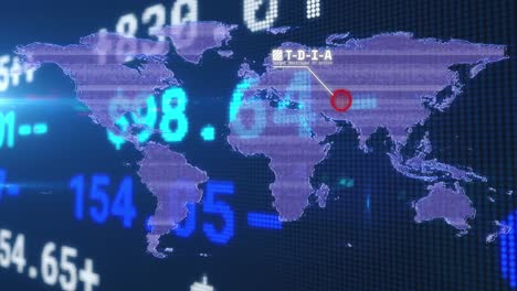 animation of stock market and data processing with world map on black background