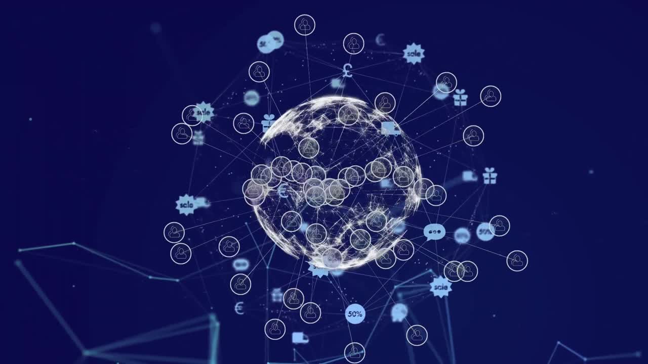 Digital composite video of web of connections with icons forming a globe against blue background