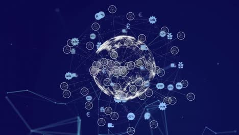Digital-composite-video-of-web-of-connections-with-icons-forming-a-globe-against-blue-background