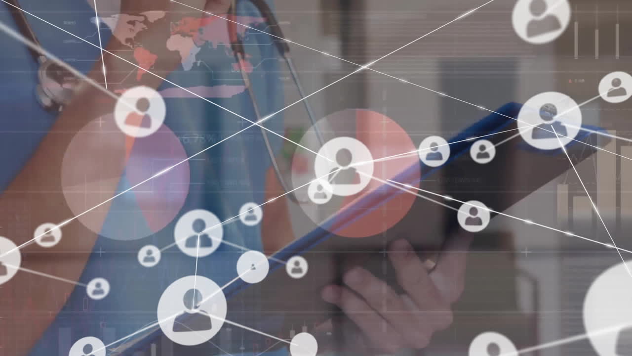 animación de redes de conexiones con íconos sobre la escritura de la doctora caucásica