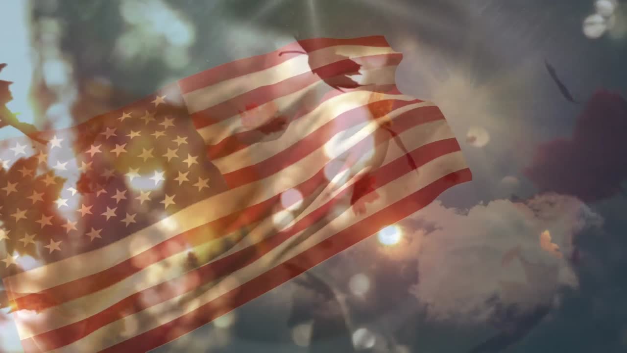 Animation of sky and leaves over flag of usa