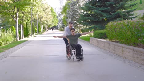 a physically disabled young man is walking with his friend outdoors.