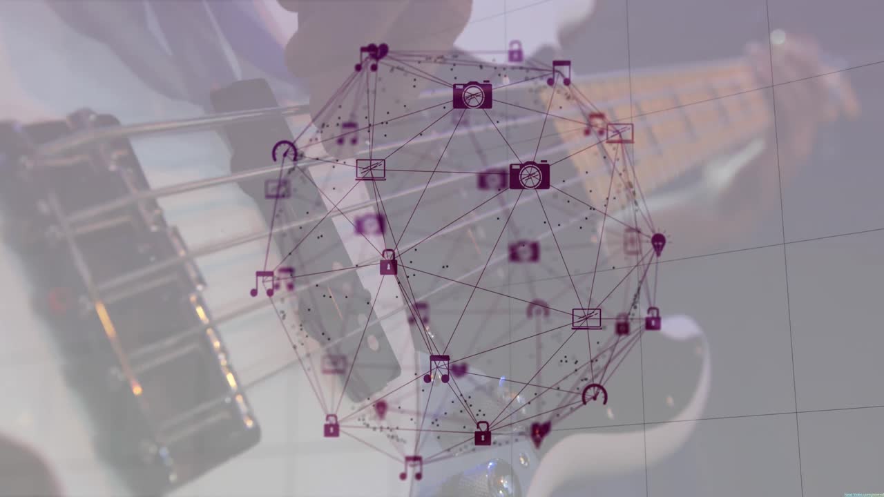 video compuesto digital de la red de conexión con iconos de interfaz que forman un globo contra la guitarra
