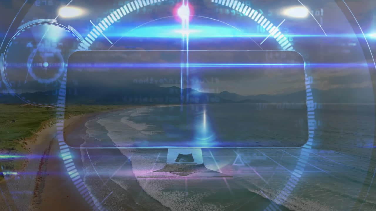 Overlaying animation on scenic coastal landscape with waves and mountains