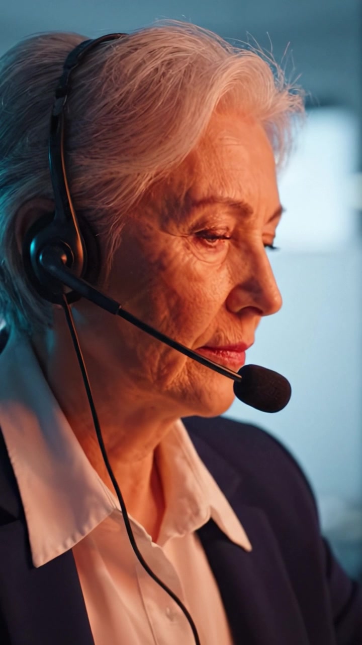 Agente di call center donna dedicata con auricolare impegnata in una conversazione, concentrandosi intensamente sulla comunicazione con il cliente in un ambiente d'ufficio moderno.