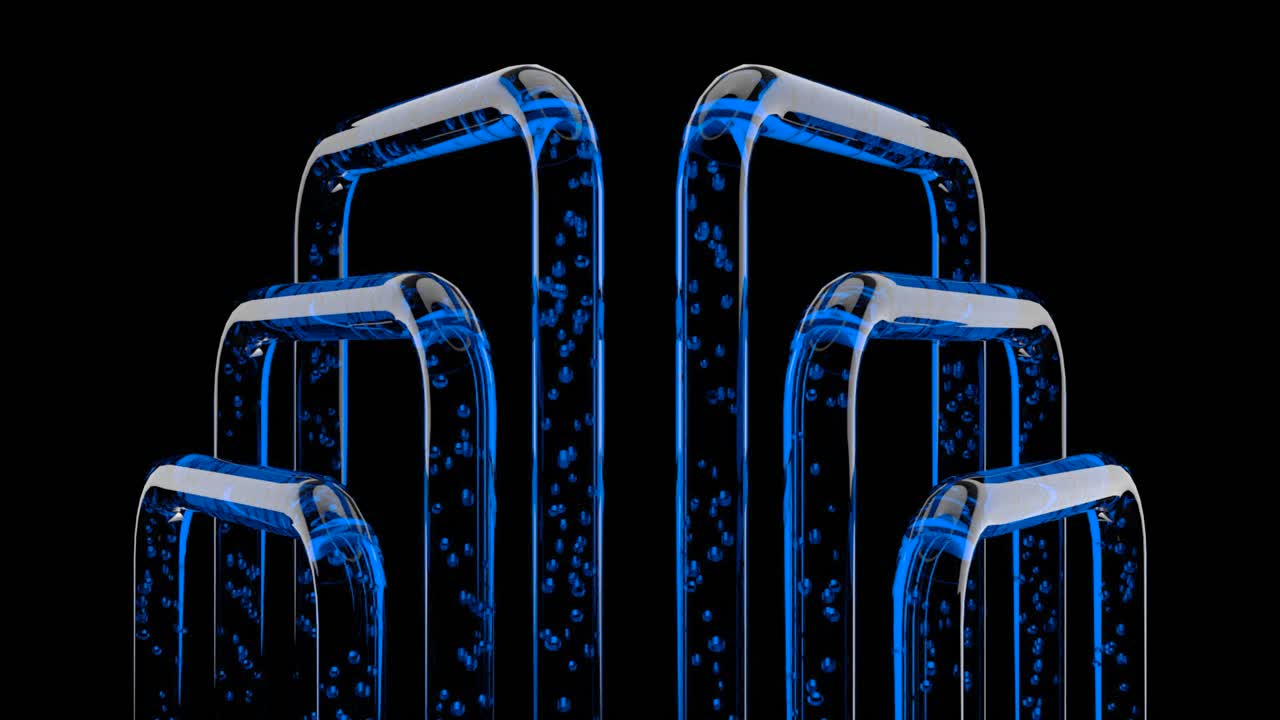 파란 액체와 거품을 가진 추상적인 유리 구조