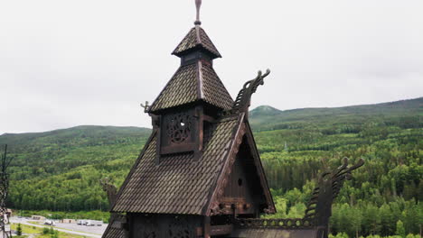 Roof-Detail-Of-The-Ancient-Borgund-Stave-Church-In-Borgund,-Norway---aerial-close-up