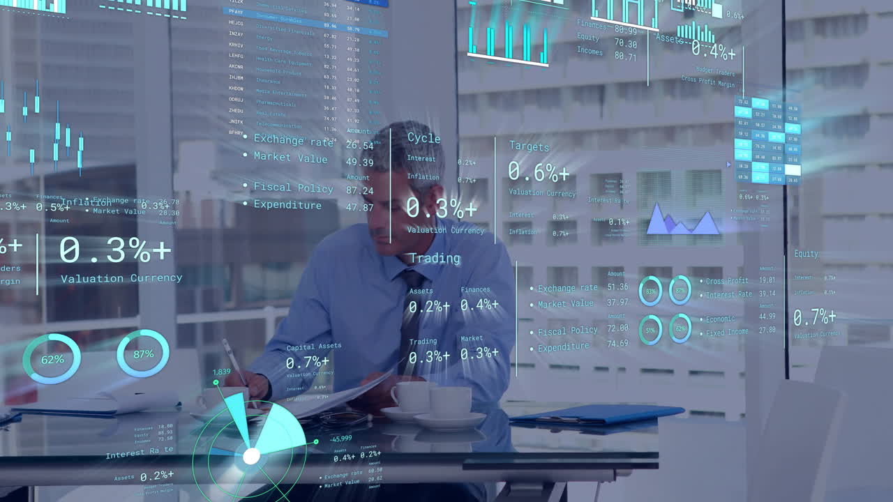 Working at desk, businessman analyzing financial data with animation in office background