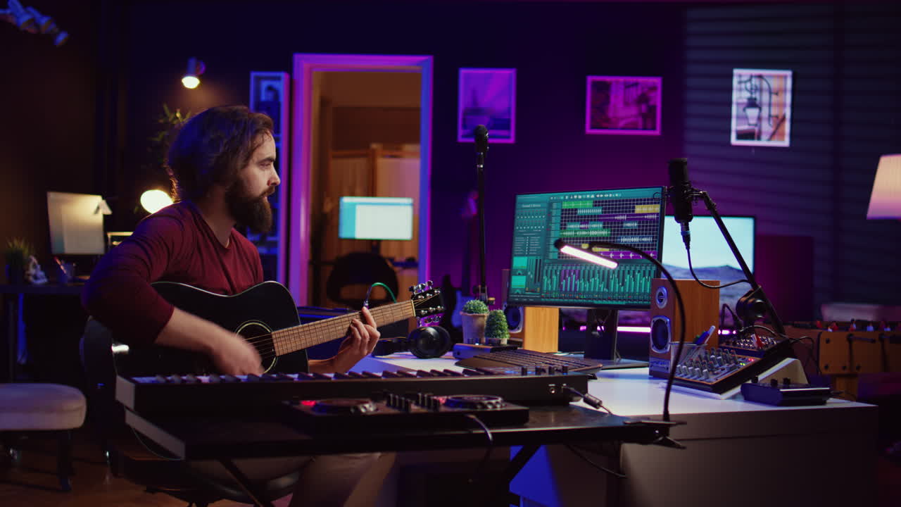 Music producer operating with electronic setup of home studio