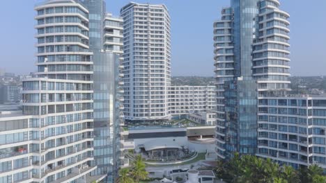 luxurious coastal apartment buildings in umhlanga, durban, clear sky, aerial view