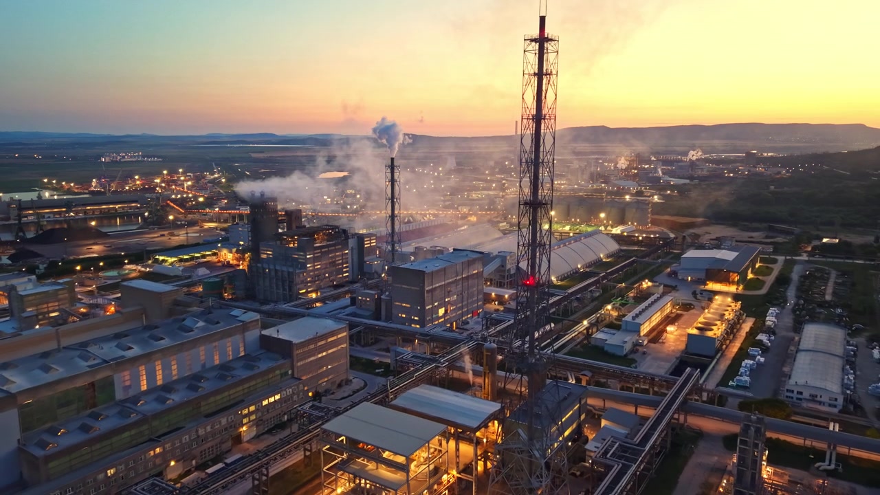 City industrial area at dusk with factories and smoke rising into the sky
