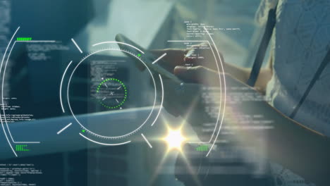 using smartphone, hands interacting with digital data overlay in office environment