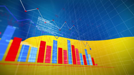 animation of financial data and graph over flag of ukraine