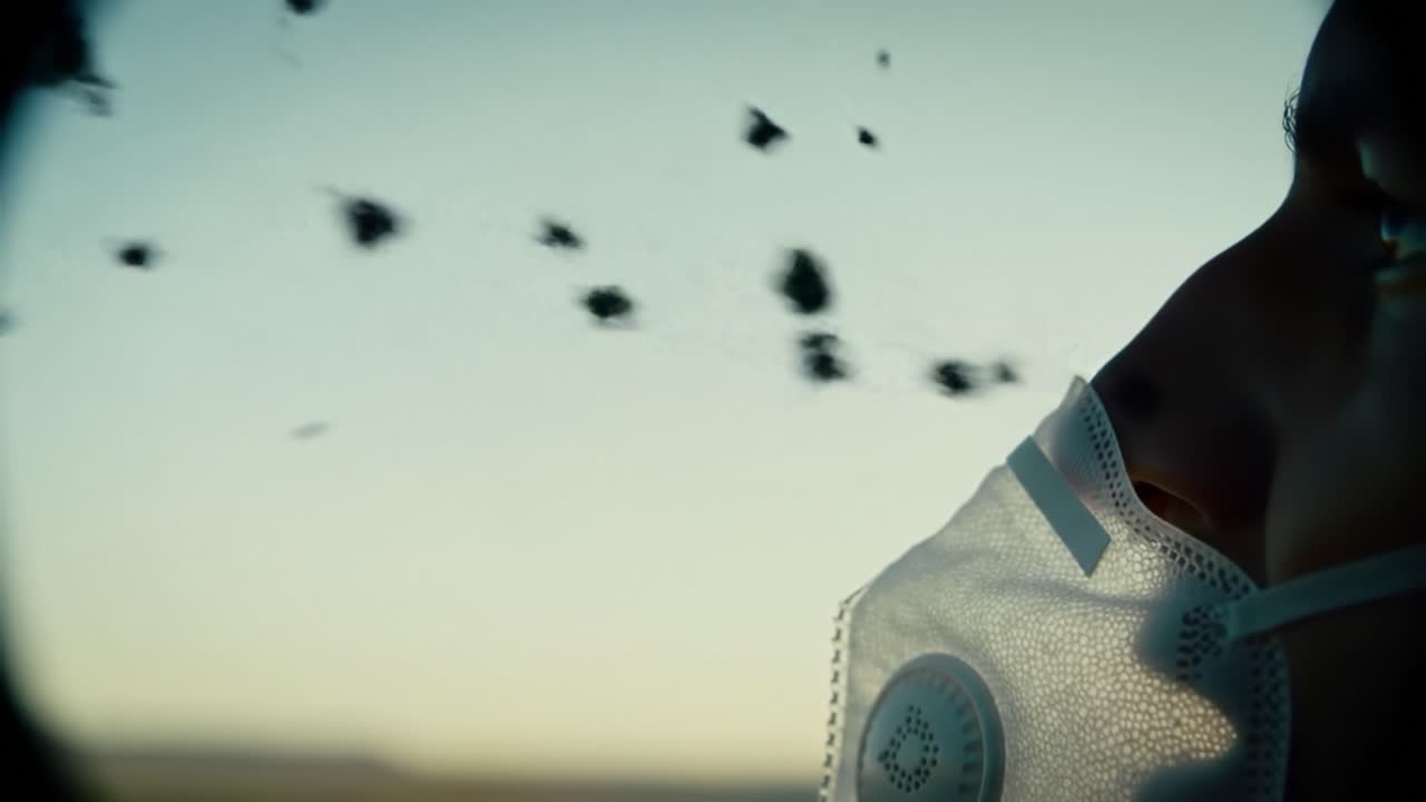 A Close-Up Shot of a Person Wearing a Mask While Dandelion Seeds Drift in the Air, Capturing the Ethereal Beauty of Nature Amidst Uncertain Times
