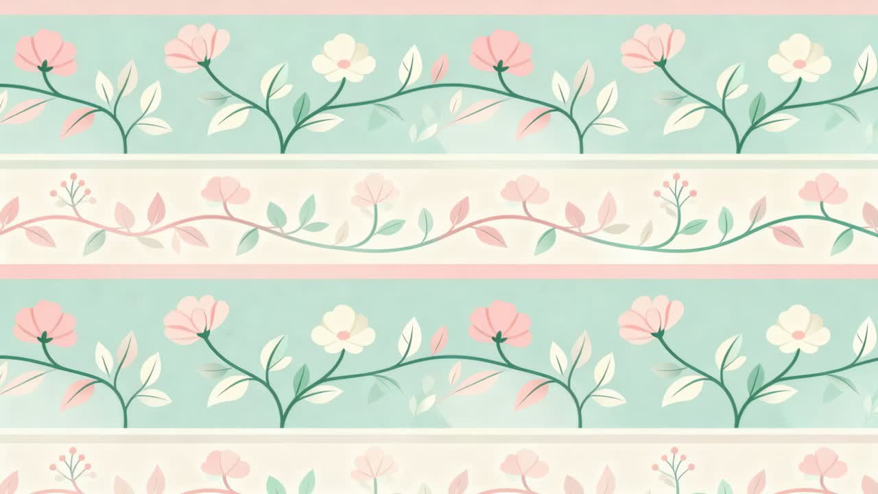 Playback starting, floral stripes moving upward on screen, revealing pink flowers and vine, looping