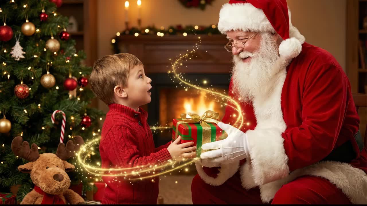 Babbo Natale che regala un presente a un bambino a Natale