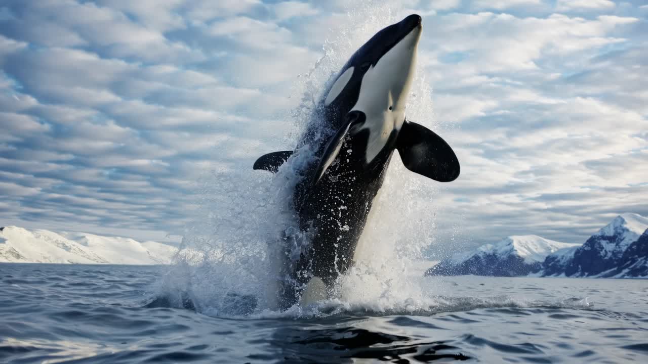 Dynamic video frame of an orca breaching the ocean surface, captured at eye level, with icy