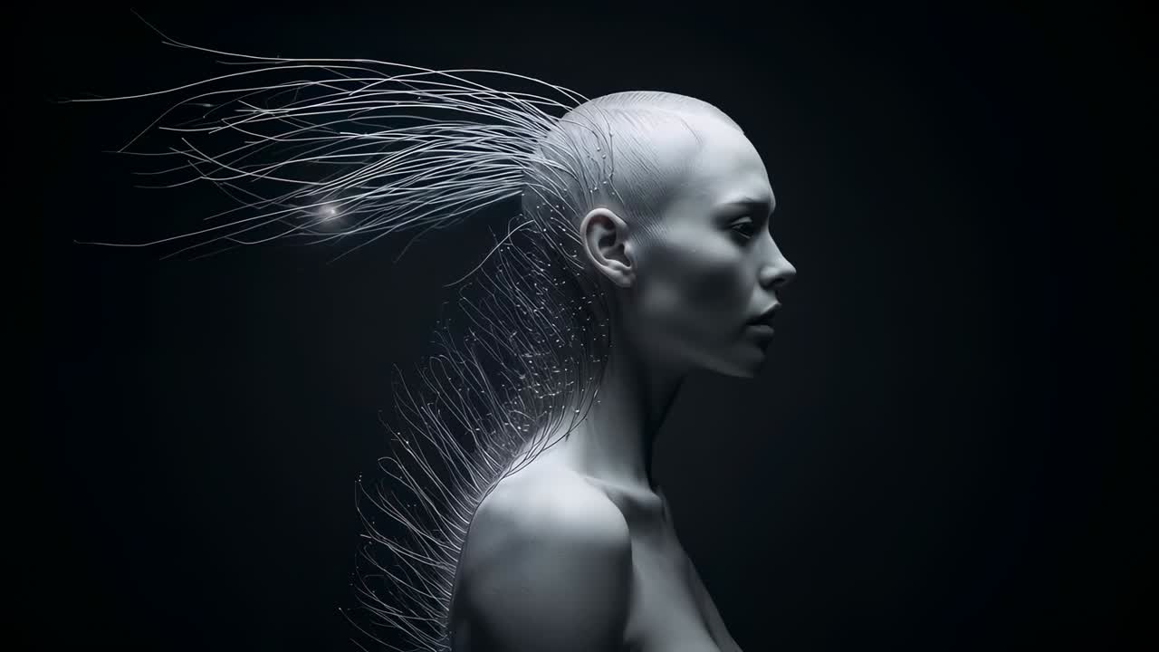Streaming bust showing bare shoulders, wires moving from subtle motion in studio with lit nodes