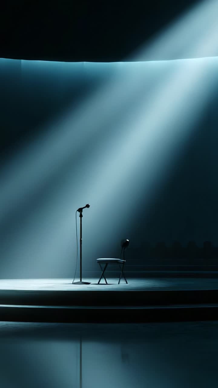 A Serene Stage Moment: A Microphone and Chair Lit by Dramatic Illumination, Capturing the Essence of Anticipation and Performance in a Minimalist Setting
