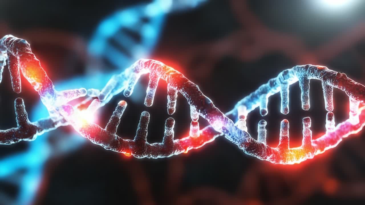 Una splendida visualizzazione della struttura del DNA, con eliche attorcigliate e colori luminosi, che illustra la complessità dell'informazione genetica e della biologia molecolare.