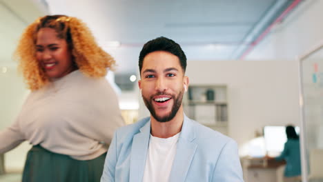 portrait, video call and business people in office