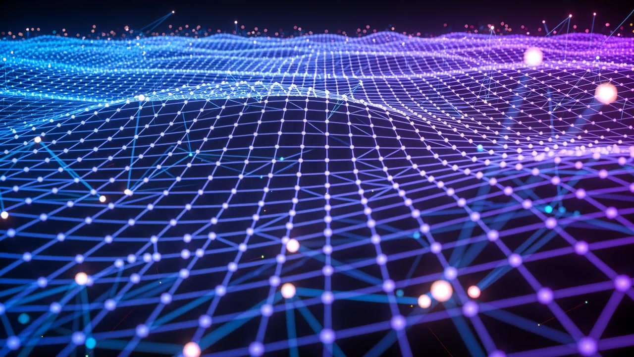 Undulating luminous 3D wireframe mesh moving across void as frames advance, adding depth and nodes