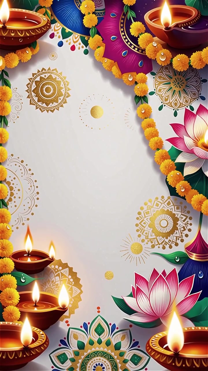 Sfondo Diwali con Diyas luminosi, Rangoli e fiori di loto