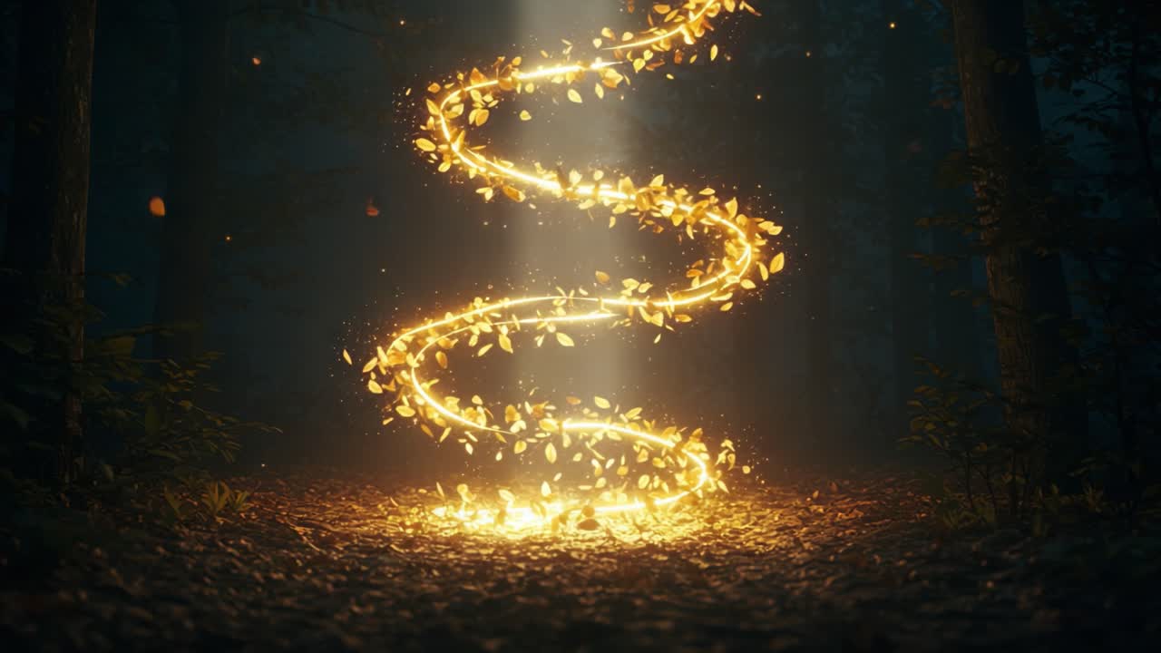 A Captivating Spiral of Golden Leaves Illuminated by Mystical Light in a Dark Forest Setting, Creating an Enchanting and Ethereal Atmosphere of Nature's Magic
