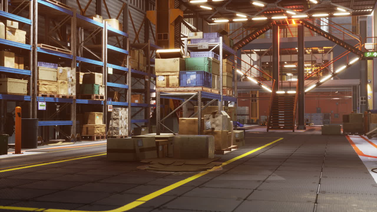 filas de estantes con cajas en el almacén