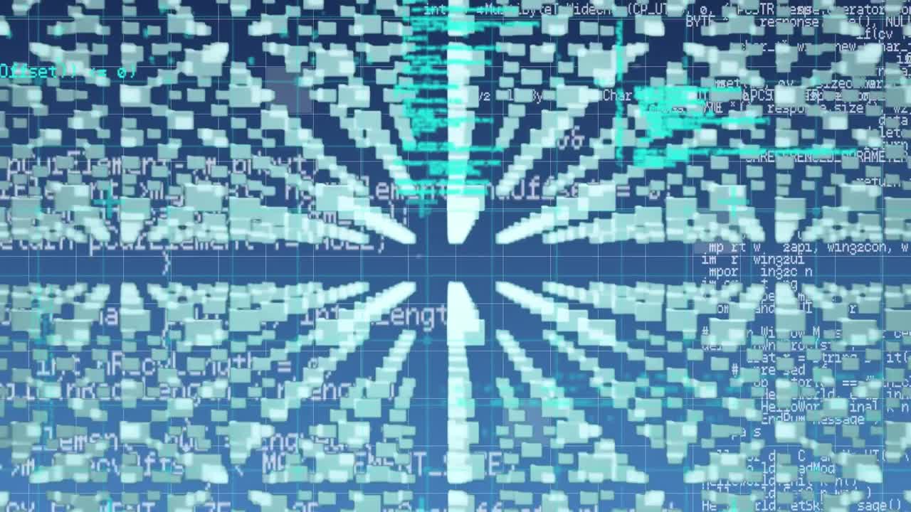 파란색 배경에 데이터 처리를 통해 녹색 모양과 아이콘의 애니메이션