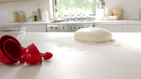 fresh dough sits on floured kitchen counter near measuring cups