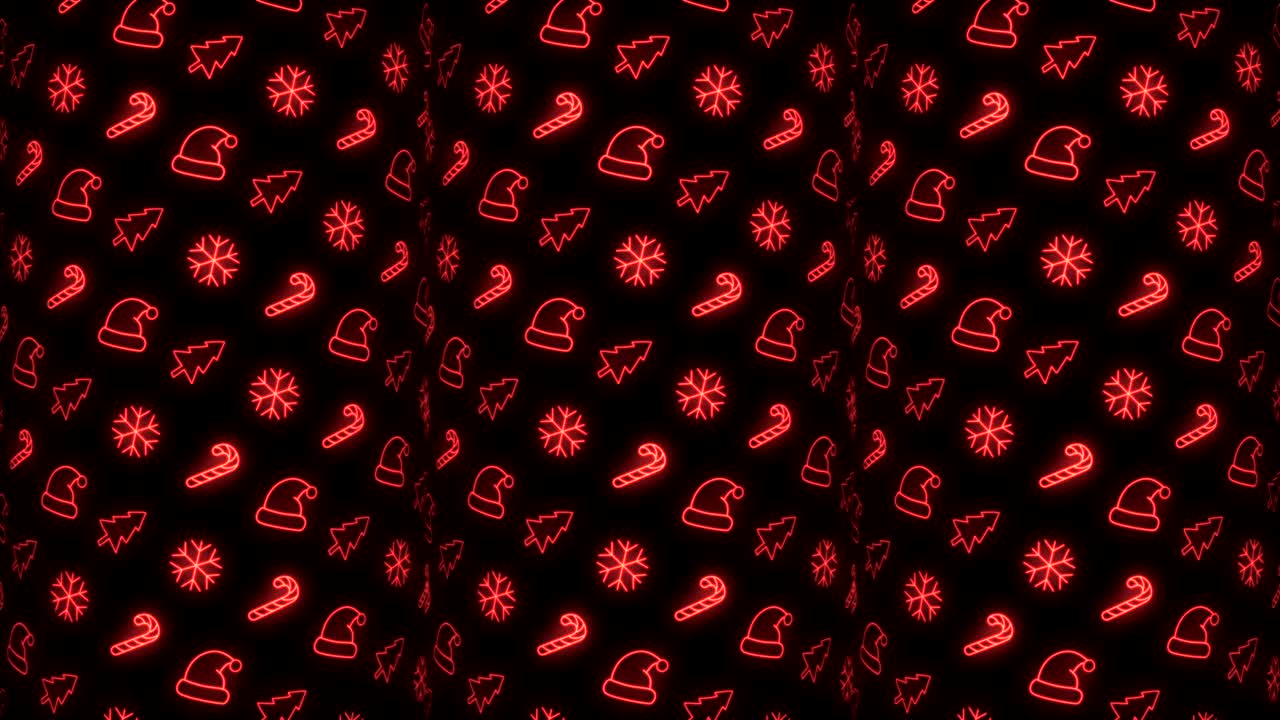 fondo de patrón de navidad de neón de árbol de navidad, copo de nieve, sombrero de santa y bastón de caramelo en animación de bucle rojo y negro