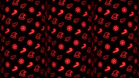 neon christmas pattern background of christmas tree, snowflake, santa hat and candy cane in red and black looping animation