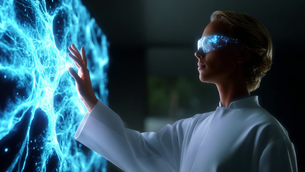 An individual in a futuristic lab coat interacts with a luminous neural network display, showcasing advanced technology and innovation in the realm of science and connectivity through vibrant blue energy strands