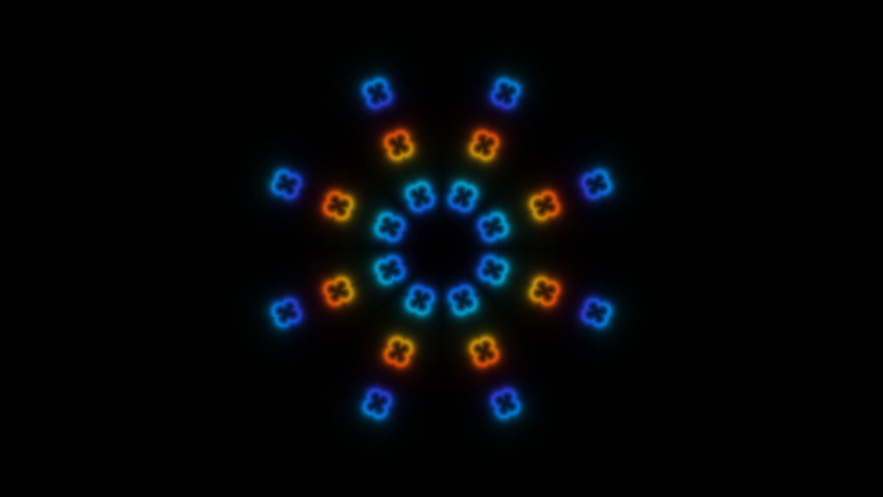 Neon shapes create a vibrant pattern against a black backdrop, showing symmetry and brightness. The design appears lively and dynamic, suitable for various creative projects