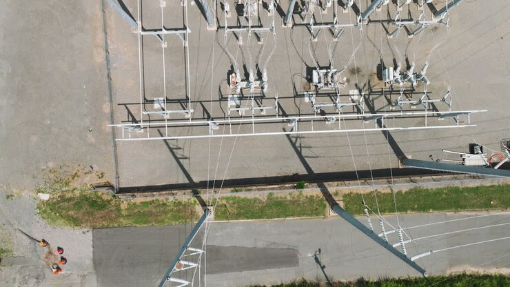 Luftfoto af transformerstation – Højspændingselektricitet.