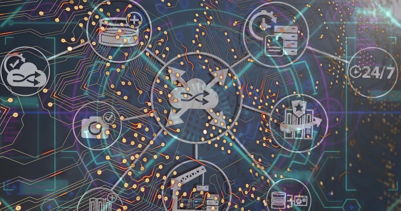 Animation of network of connections with icons over computer circuit board on black background