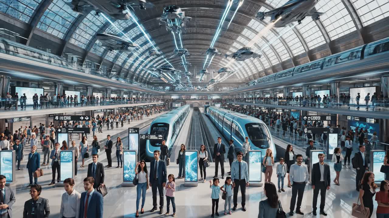 Futuristic Train Station with High-Speed Trains and Flying Vehicles
