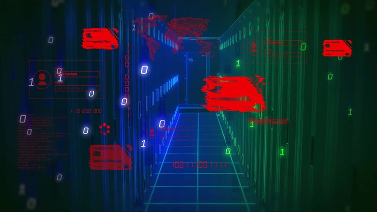 Animation of credit cards binary coding and data processing over computer servers
