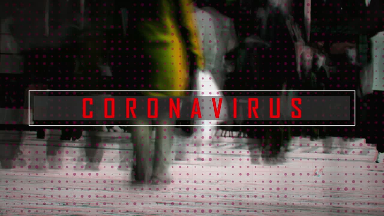 Animation of coronavirus text over people walking in city