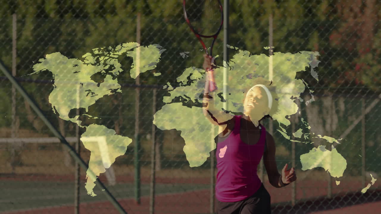 Female tennis player swinging racket on clay court, with world map overlay showing technology