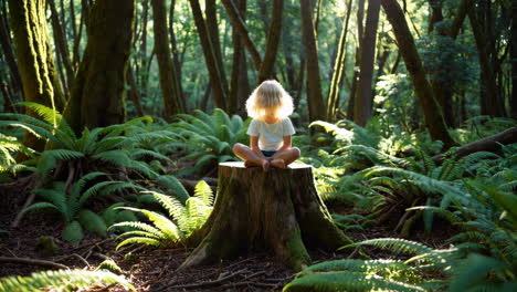 child meditating on a tree stump in a sunlit forest
